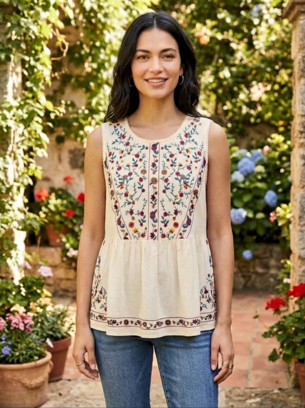 Umgee Boho Floral Embroidered Sleeveless Babydoll Blouse Peplum Top Cream L